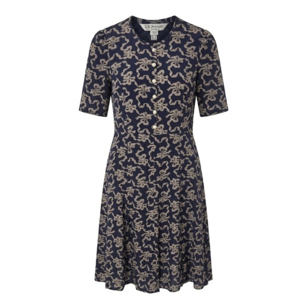 LK Bennett Montana Navy Blue Silk Bow Print Pearl Button‎ Midi Tea Dress US 12